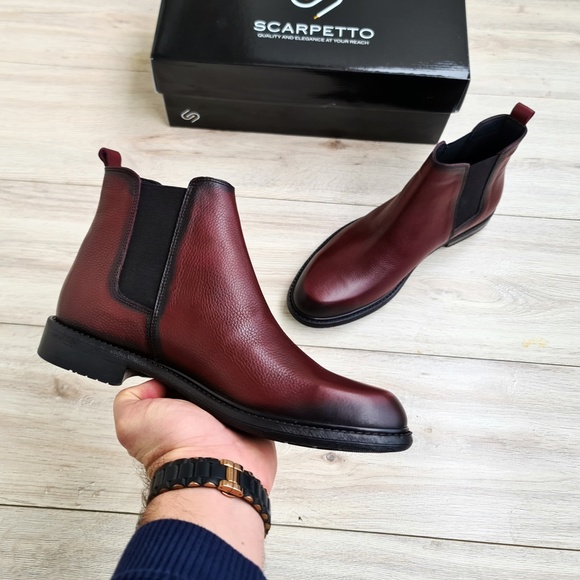 Burgundy Men's Chelsea Genuine Leather Boots - Picture 9 of 10